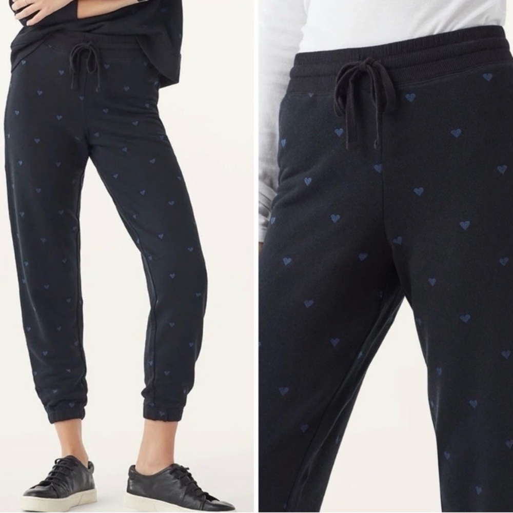 Splendid Black with Navy Heart Embroidered Joggers Medium NWT